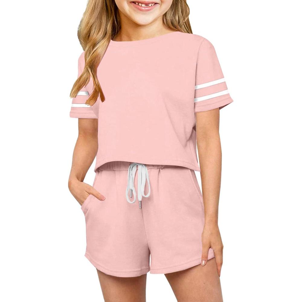 imageHaloumoning Girls Summer Crop Tops and Shorts Set Cute Color Block Two Piece Outfits Casual Sweat Tracksuit with Side PocketsApink