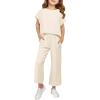 Haloumoning Girls’ Clothing Sets Kids Fashion Short Sleeve Crew Neck Tops Wide Leg Pants Sweatsuit with Pocket 5-14Y(Beige)