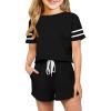 Haloumoning Girls Summer Crop Tops and Shorts Set Cute Color Block Two Piece Outfits Casual Sweat Tracksuit with Side Pockets(A-black)