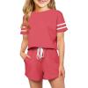 Haloumoning Girls Summer Crop Tops and Shorts Set Cute Color Block Two Piece Outfits Casual Sweat Tracksuit with Side Pockets(A-brick Red)