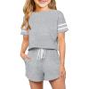 Haloumoning Girls Summer Crop Tops and Shorts Set Cute Color Block Two Piece Outfits Casual Sweat Tracksuit with Side Pockets(A-grey)