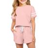Haloumoning Girls Summer Crop Tops and Shorts Set Cute Color Block Two Piece Outfits Casual Sweat Tracksuit with Side Pockets(A-pink)