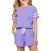Haloumoning Girls Summer Crop Tops and Shorts Set Cute Color Block Two Piece Outfits Casual Sweat Tracksuit with Side Pockets(A-purple)
