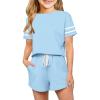 Haloumoning Girls Summer Crop Tops and Shorts Set Cute Color Block Two Piece Outfits Casual Sweat Tracksuit with Side Pockets(A-sky Blue)