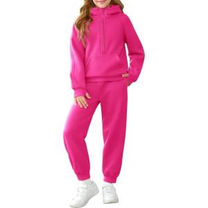 Girls 2 Piece Outfits Sweatsuit Kids Fleece Half Zip Hoodies Sweatshirt and Sweatpants Set with Pockets(Hot Pink)
