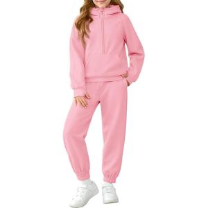 Girls 2 Piece Outfits Sweatsuit Kids Fleece Half Zip Hoodies Sweatshirt and Sweatpants Set with Pockets(Pink)