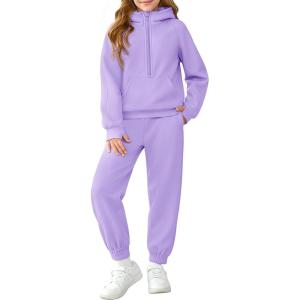Girls 2 Piece Outfits Sweatsuit Kids Fleece Half Zip Hoodies Sweatshirt and Sweatpants Set with Pockets(Purple)
