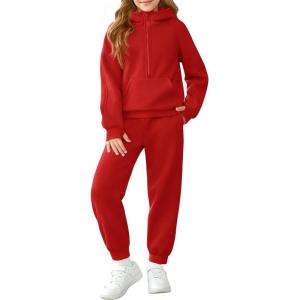Girls 2 Piece Outfits Sweatsuit Kids Fleece Half Zip Hoodies Sweatshirt and Sweatpants Set with Pockets(Red)