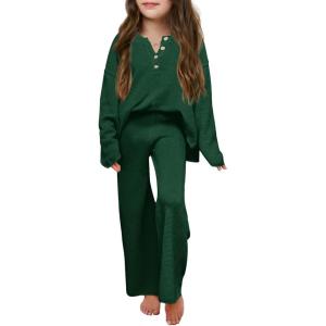 Haloumoning Girls 2 Piece Outfit Set Long Sleeve Button Knit Pullover Sweater Top and Wide Leg Pants Sweatsuit 5-14 Years(Army Green)