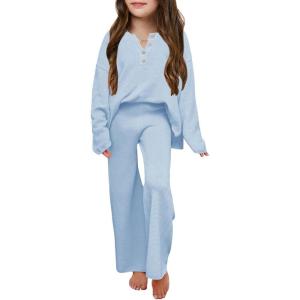 Haloumoning Girls 2 Piece Outfit Set Long Sleeve Button Knit Pullover Sweater Top and Wide Leg Pants Sweatsuit 5-14 Years(Blue)