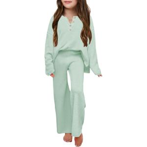 Haloumoning Girls 2 Piece Outfit Set Long Sleeve Button Knit Pullover Sweater Top and Wide Leg Pants Sweatsuit 5-14 Years(Green)