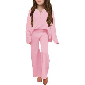 Haloumoning Girls 2 Piece Outfit Set Long Sleeve Button Knit Pullover Sweater Top and Wide Leg Pants Sweatsuit 5-14 Years(Pink)