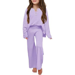 Haloumoning Girls 2 Piece Outfit Set Long Sleeve Button Knit Pullover Sweater Top and Wide Leg Pants Sweatsuit 5-14 Years(Purple)