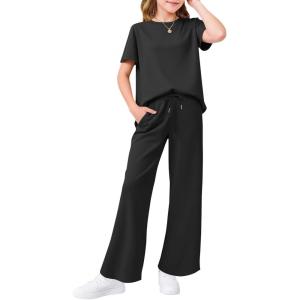 Haloumoning Girls 2 Piece Outfits Kids Fashion Short Sleeve T Shirts Wide Leg Pants Clothing Sets 5-14 Years(Black)