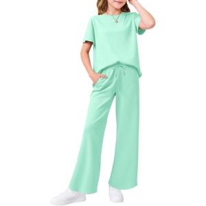 Haloumoning Girls 2 Piece Outfits Kids Fashion Short Sleeve T Shirts Wide Leg Pants Clothing Sets 5-14 Years(Mint Green)