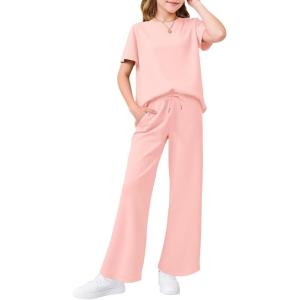 Haloumoning Girls 2 Piece Outfits Kids Fashion Short Sleeve T Shirts Wide Leg Pants Clothing Sets 5-14 Years(Pink)
