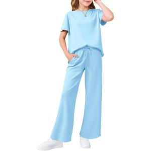 Haloumoning Girls 2 Piece Outfits Kids Fashion Short Sleeve T Shirts Wide Leg Pants Clothing Sets 5-14 Years(Sky Blue)