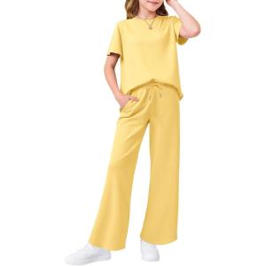 Haloumoning Girls 2 Piece Outfits Kids Fashion Short Sleeve T Shirts Wide Leg Pants Clothing Sets 5-14 Years(Yellow)