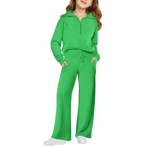 Haloumoning Girls 2 Piece Outfits Sweatsuit Half Zip Long Sleeve Sweatshirts Sweatpants Tracksuit Sets 5-14 years(Green)