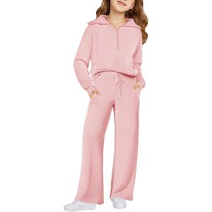 Haloumoning Girls 2 Piece Outfits Sweatsuit Half Zip Long Sleeve Sweatshirts Sweatpants Tracksuit Sets 5-14 years(Pink)