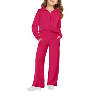 Haloumoning Girls 2 Piece Outfits Sweatsuit Half Zip Long Sleeve Sweatshirts Sweatpants Tracksuit Sets 5-14 years(Rose Red)