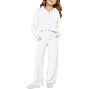 Haloumoning Girls 2 Piece Outfits Sweatsuit Half Zip Long Sleeve Sweatshirts Sweatpants Tracksuit Sets 5-14 years(White)