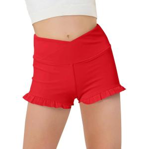 Haloumoning Girls Athletic Ruffle Shorts V Crossover High Waisted Yoga Dance Gymnastics Shorts 5-14Y(Red)