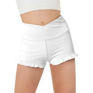 Haloumoning Girls Athletic Ruffle Shorts V Crossover High Waisted Yoga Dance Gymnastics Shorts 5-14Y(White)