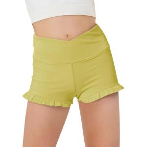 Haloumoning Girls Athletic Ruffle Shorts V Crossover High Waisted Yoga Dance Gymnastics Shorts 5-14Y(Yellow)