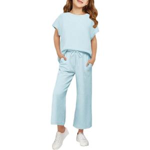 Haloumoning Girls’ Clothing Sets Kids Fashion Short Sleeve Crew Neck Tops Wide Leg Pants Sweatsuit with Pocket 5-14Y(Blue)