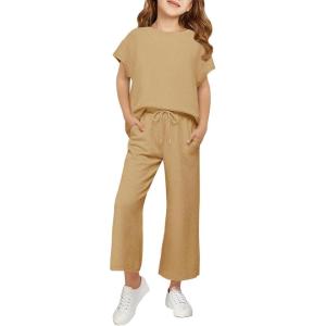 Haloumoning Girls’ Clothing Sets Kids Fashion Short Sleeve Crew Neck Tops Wide Leg Pants Sweatsuit with Pocket 5-14Y(Brown)