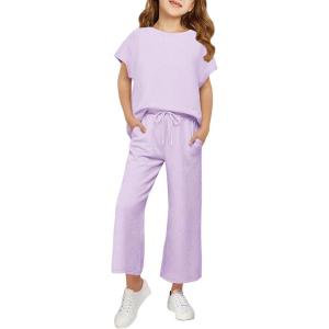 Haloumoning Girls’ Clothing Sets Kids Fashion Short Sleeve Crew Neck Tops Wide Leg Pants Sweatsuit with Pocket 5-14Y(Light Purple)