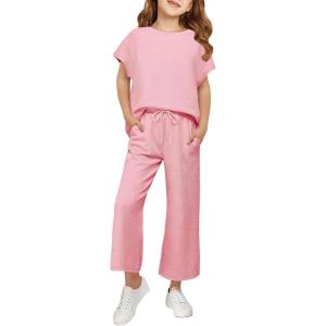 Haloumoning Girls’ Clothing Sets Kids Fashion Short Sleeve Crew Neck Tops Wide Leg Pants Sweatsuit with Pocket 5-14Y(Pink)