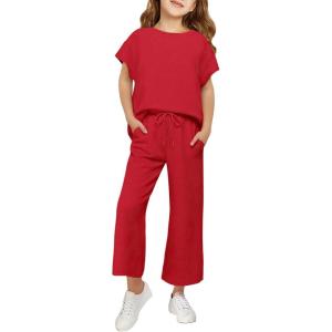 Haloumoning Girls’ Clothing Sets Kids Fashion Short Sleeve Crew Neck Tops Wide Leg Pants Sweatsuit with Pocket 5-14Y(Red)