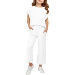 Haloumoning Girls’ Clothing Sets Kids Fashion Short Sleeve Crew Neck Tops Wide Leg Pants Sweatsuit with Pocket 5-14Y(White)