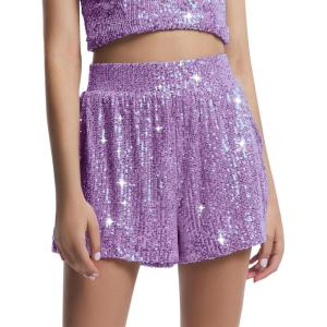 Haloumoning Girls Sequin Shorts Sparkly High Waisted Wide Leg Flowy Party Shorts 5-14 Years(Purple)