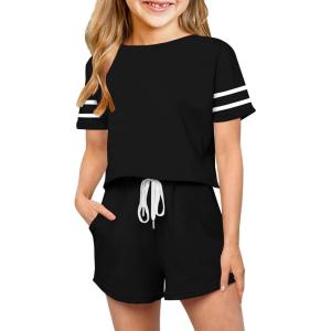 Haloumoning Girls Summer Crop Tops and Shorts Set Cute Color Block Two Piece Outfits Casual Sweat Tracksuit with Side Pockets(A-black)