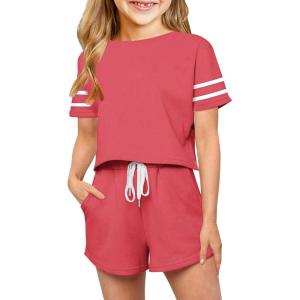 Haloumoning Girls Summer Crop Tops and Shorts Set Cute Color Block Two Piece Outfits Casual Sweat Tracksuit with Side Pockets(A-brick Red)