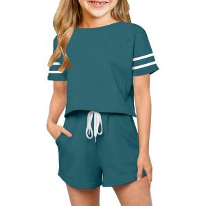 Haloumoning Girls Summer Crop Tops and Shorts Set Cute Color Block Two Piece Outfits Casual Sweat Tracksuit with Side Pockets(A-green)