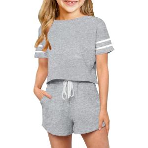 Haloumoning Girls Summer Crop Tops and Shorts Set Cute Color Block Two Piece Outfits Casual Sweat Tracksuit with Side Pockets(A-grey)