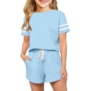 Haloumoning Girls Summer Crop Tops and Shorts Set Cute Color Block Two Piece Outfits Casual Sweat Tracksuit with Side Pockets(A-sky Blue)