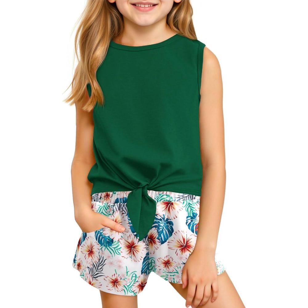 imageHaloumoning Girls 2 Piece Outfits Kids Tie Knot Tank Top and Paperbag Waist Pocketed Summer Short Sets 514 YearsGreen