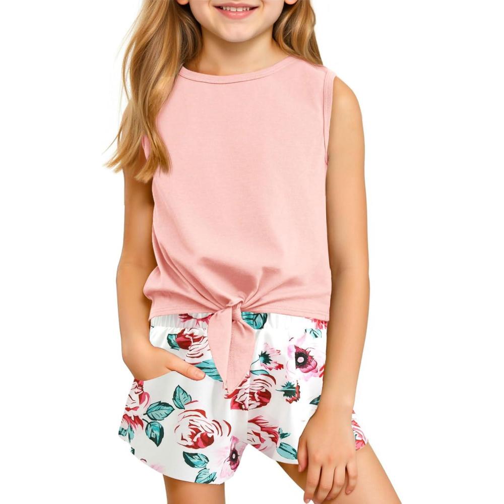 imageHaloumoning Girls 2 Piece Outfits Kids Tie Knot Tank Top and Paperbag Waist Pocketed Summer Short Sets 514 YearsPink
