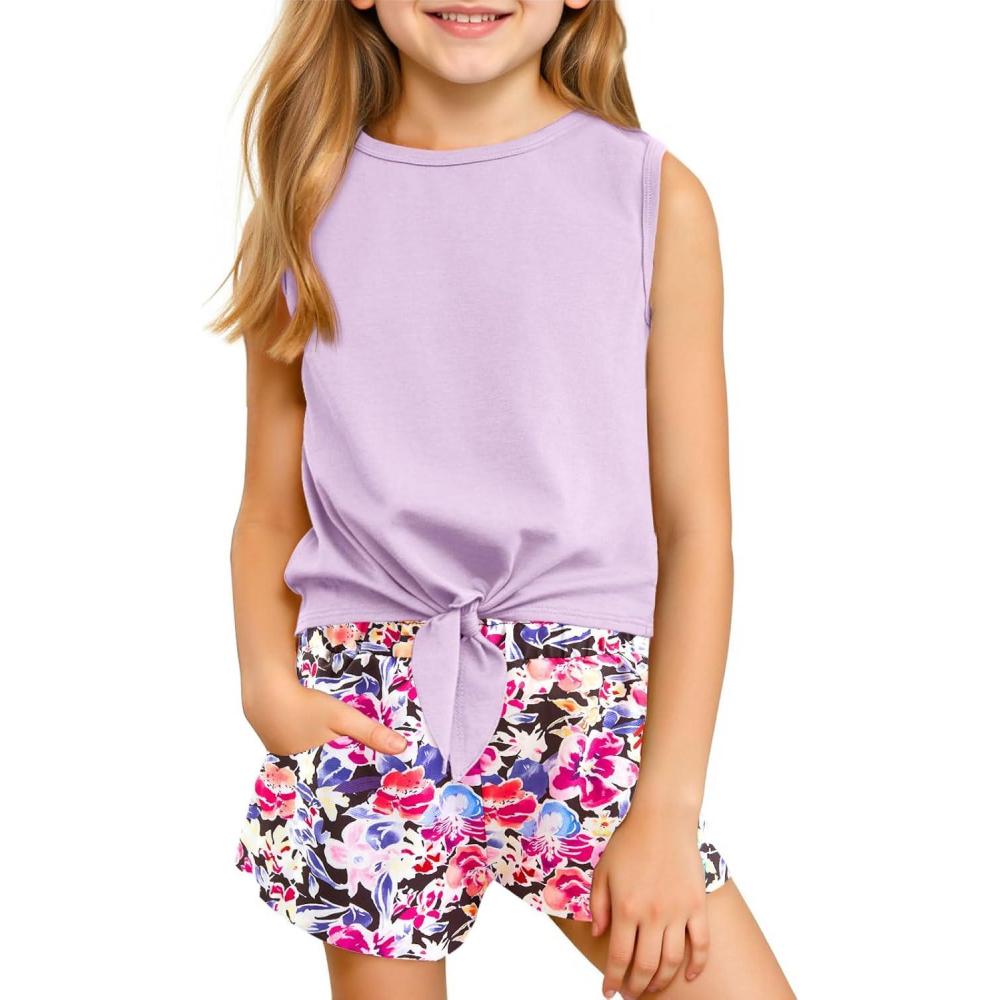 imageHaloumoning Girls 2 Piece Outfits Kids Tie Knot Tank Top and Paperbag Waist Pocketed Summer Short Sets 514 YearsPurple