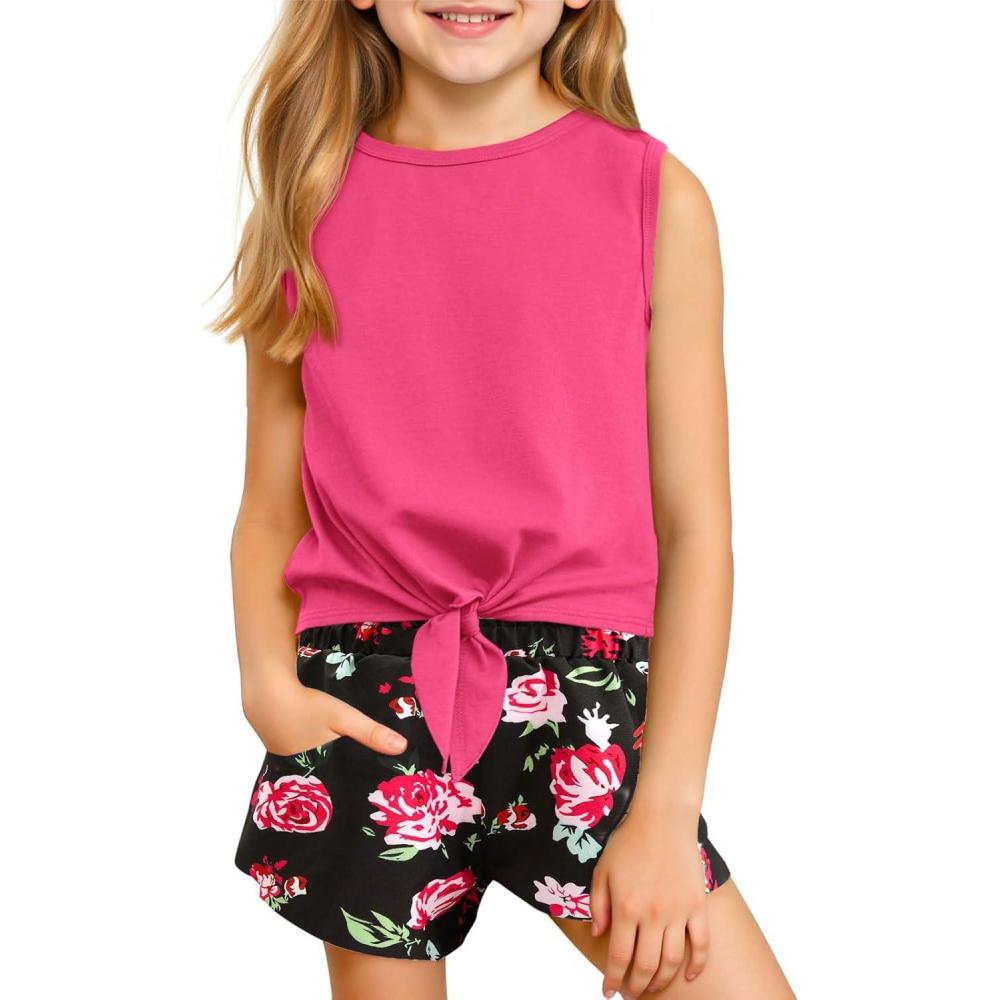 imageHaloumoning Girls 2 Piece Outfits Kids Tie Knot Tank Top and Paperbag Waist Pocketed Summer Short Sets 514 YearsRose Red