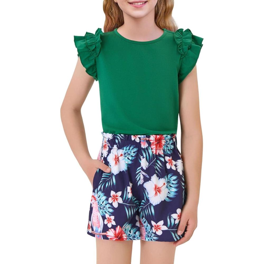 imageHaloumoning Girls 2 Piece Summer Outfits Clothes Ruffle Short Sleeve Shirts and High Waist Paper Bag Shorts Sets with PocketsGreen