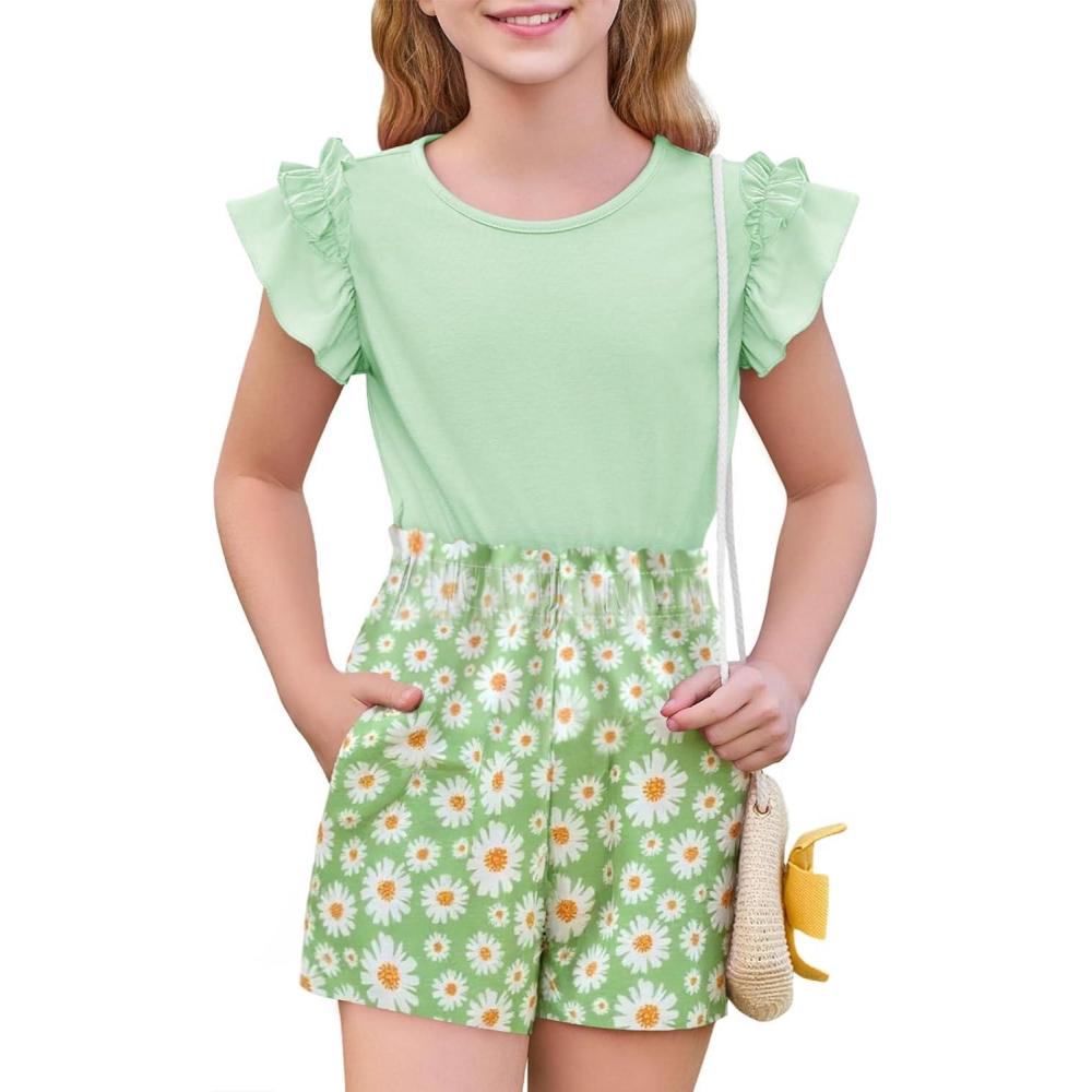 imageHaloumoning Girls 2 Piece Summer Outfits Clothes Ruffle Short Sleeve Shirts and High Waist Paper Bag Shorts Sets with PocketsLight Green
