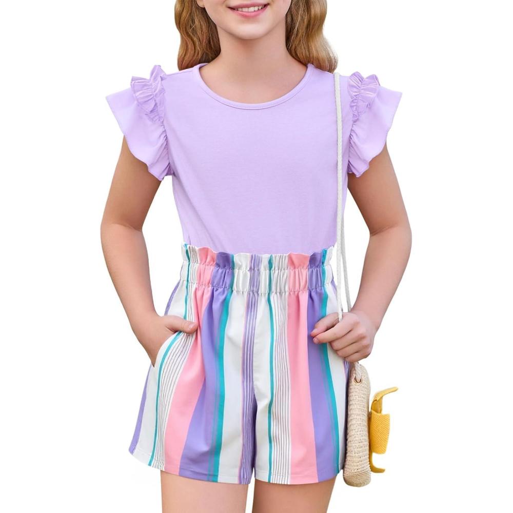 imageHaloumoning Girls 2 Piece Summer Outfits Clothes Ruffle Short Sleeve Shirts and High Waist Paper Bag Shorts Sets with PocketsLilac