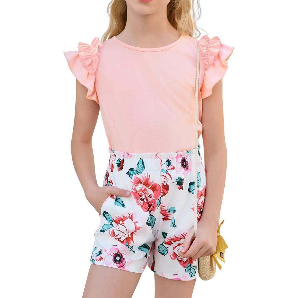 imageHaloumoning Girls 2 Piece Summer Outfits Clothes Ruffle Short Sleeve Shirts and High Waist Paper Bag Shorts Sets with PocketsPink