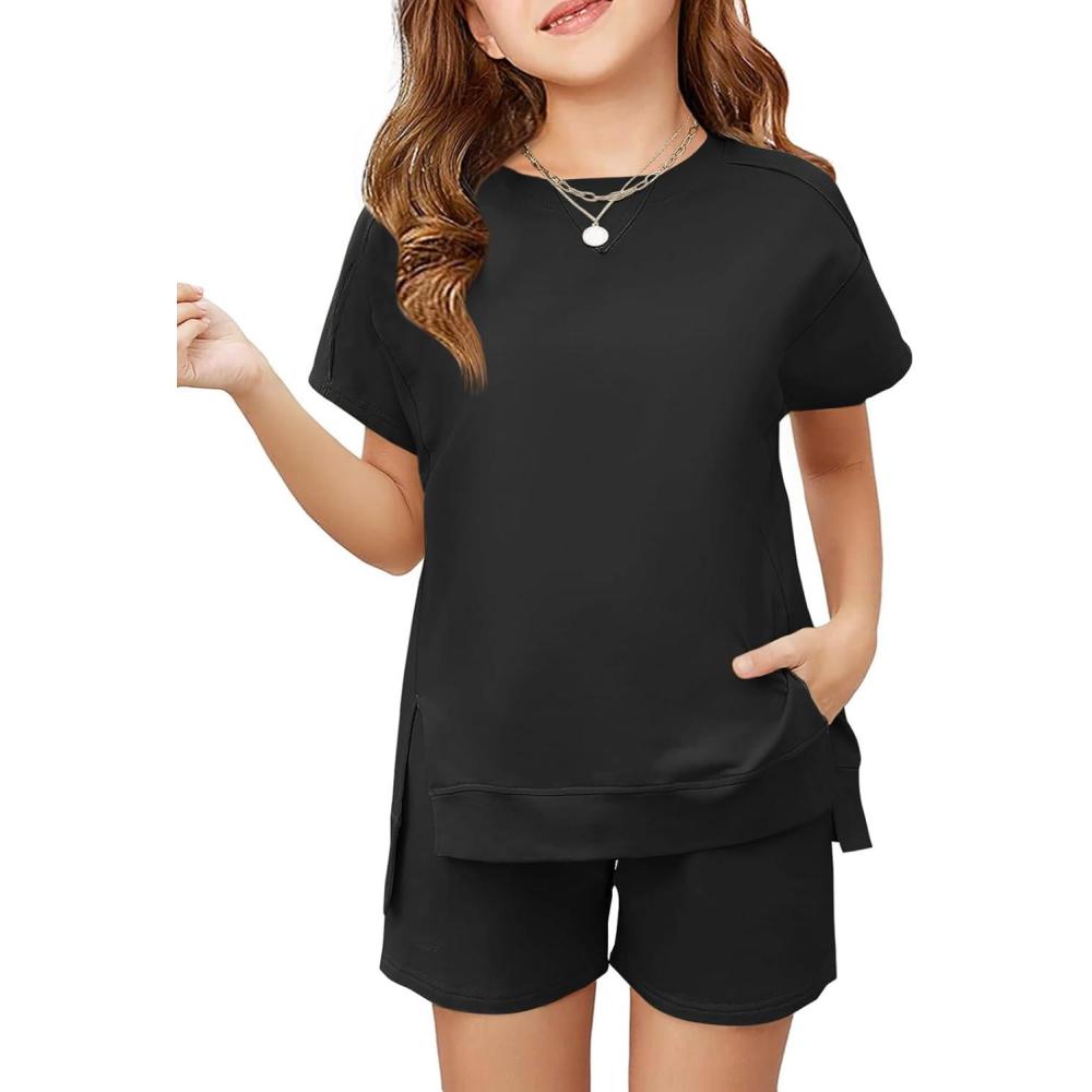 imageHaloumoning Girls 2 Piece Summer Outfits Kids Short Sleeve TShirts and Elastic Waist Shorts Clothing SetsBlack